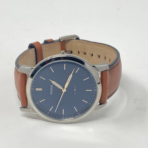 Fossil Minimalist Watch Men MISSING CROWN 44mm Silver Tone Blue Dial Leather - Picture 12 of 16